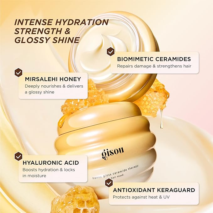 Gisou Honey Gloss Ceramide Therapy Hair Mask, Deep Hydration & Repair, Mirsalehi Honey, Ceramides & Hyaluronic Acid, 4x Stronger Hair & +85% Shine, Suitable for All Hair Types