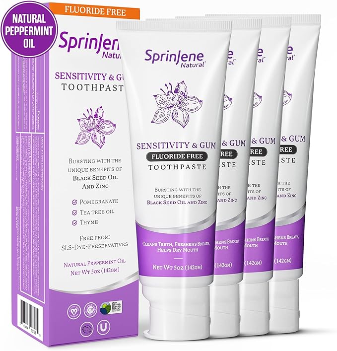 SprinJene Natural Fluoride Free Toothpaste for Sensitive Teeth & Gums – Patented Toothpaste with Black Seed Oil & Zinc – Vegan Dry Mouth Prevention for Fresh Breath – Made in The USA (4 Pack)