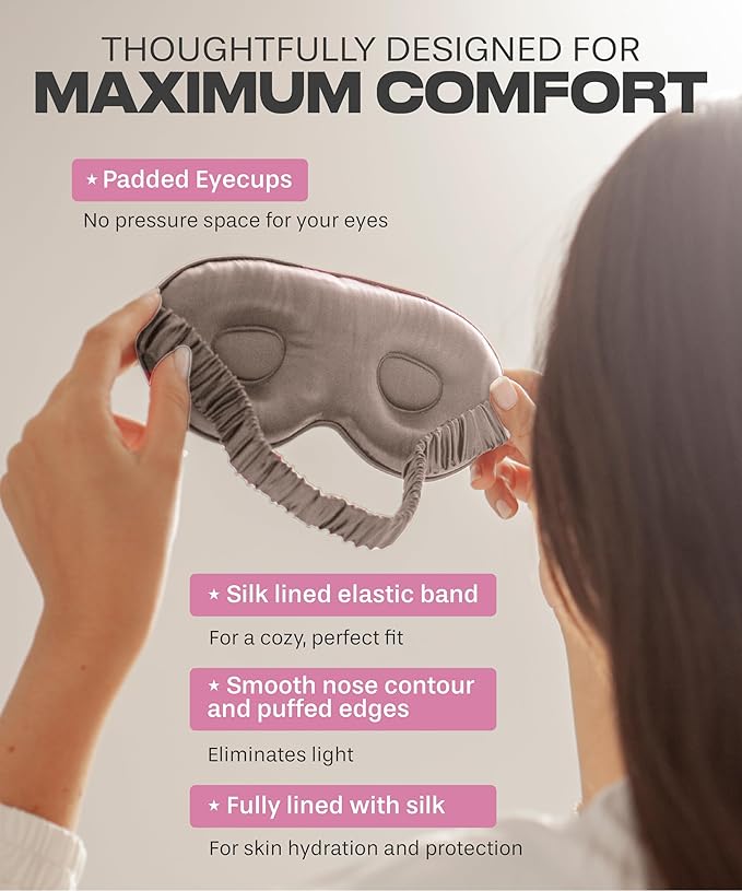 SUNDAYSILKS™ 3D Contoured Silk Sleep Mask | Padded Silk Eye Mask with Eye Cups for Lash Extensions | Blackout, Organic for Women & Men, Perfect for Travel, Slip-Free Deep Sleeping, Antifaz para Dormir