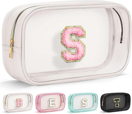 YOOLIFE Initial Make Up Bag Travel Toiletry Bag, Clear Makeup Bag Preppy Cosmetic Bag Clear Makeup Bags With Zipper Girlfriend Teacher 8 Year Old Girl Gifts Daughter Gifts Swim Gifts For Girls White S