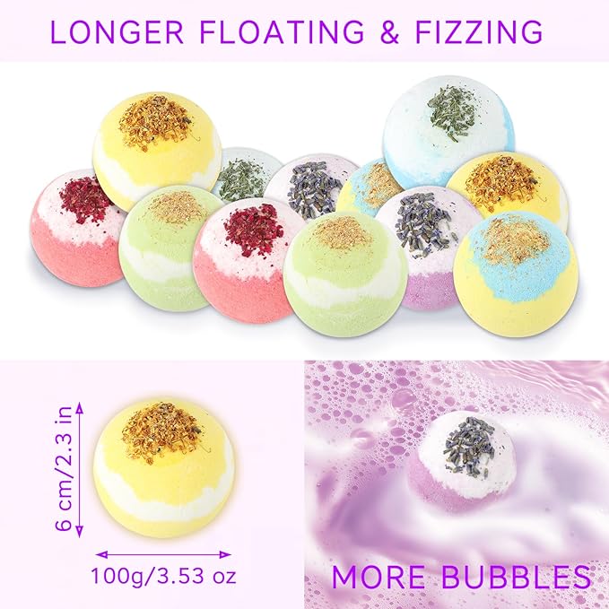 Bath Bombs for Women, USIN Natural Bubble Bath Balls Gift Set, Pack of 12 Pcs Multiple Bath Bomb, SPA Relaxing, Self Care, Gifts for Women, Men, Girls, Boys, Natural Flower Petals, 3.53 Oz Large Size