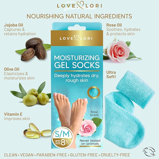Moisturizing Socks - Gel Silicone Aloe Spa Socks (Up to Size 8.5) Infused with Vitamin E & JoJoba Oil - Self Care Spa Gifts for Women Foot Care