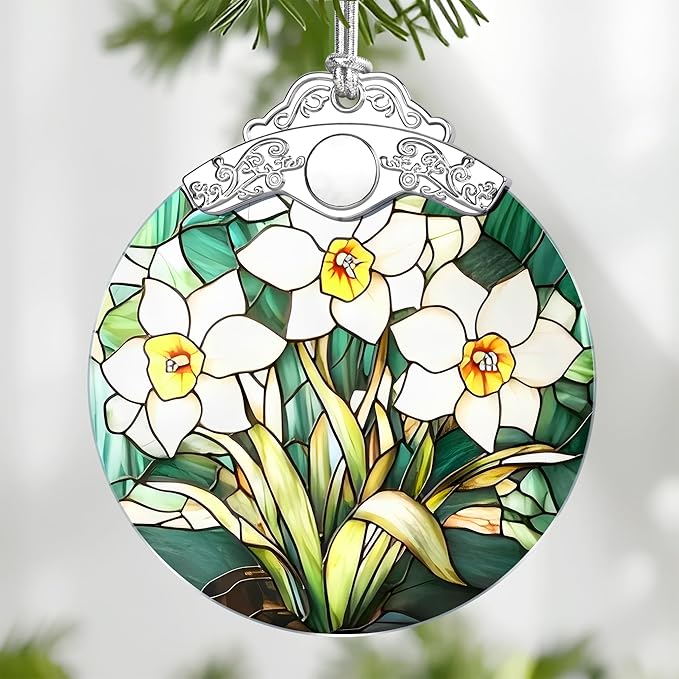 Christmas Ornaments: Stained Glass-Style December Birth Flower Ornament – Christmas Tree Decorations, Holiday Party Gifts, Mother's Day & Birthday Gifts for Women, Mom & Grandma | Birth Flower Gift
