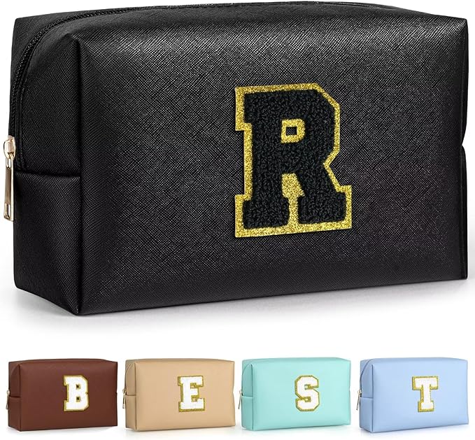 TOPEAST Cosmetic Travel Bags for Women, Preppy Small Makeup Bag, PU Leather Waterproof Toiletry Bag, Unique Friendship Gifts for Friends Coworker, Cute Stuff for Girls (Black R)