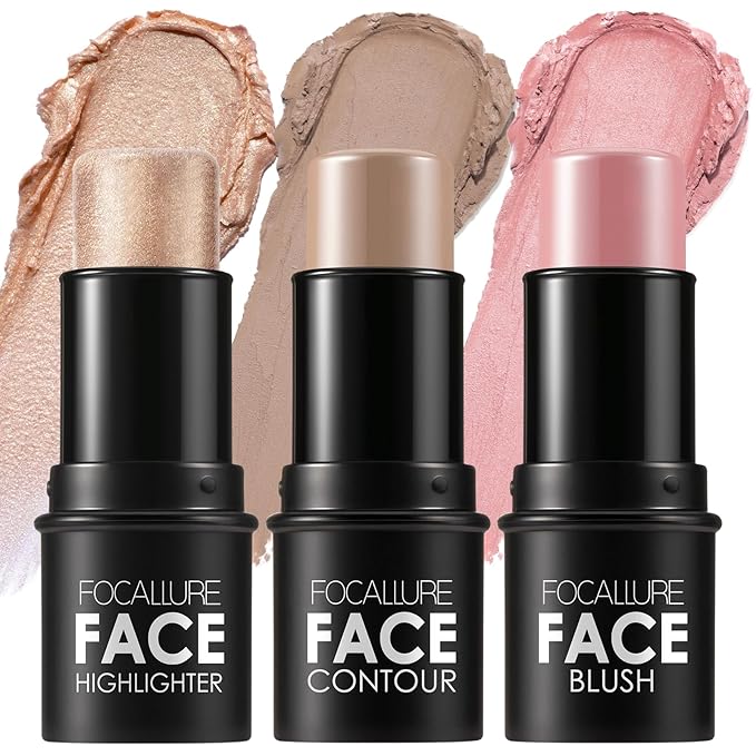 FOCALLURE 3PCS Cream Contour Stick - Highlighter Bronzer Blush Set for Face Sculpting, Non-Greasy Longwear Makeup, Easy to Blend with Natural Matte Finish,SET 3