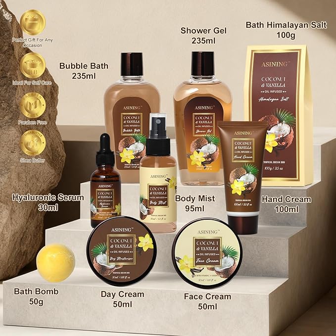 Spa Basket for Women, Coconut Vanilla Bath & Body Set, Christmas & Birthday Gift, Unique Gift with Bath Bombs, Body Lotion, Spa Bath Sets for men Gift Home Spa Set Luxurious Bath Gift & More