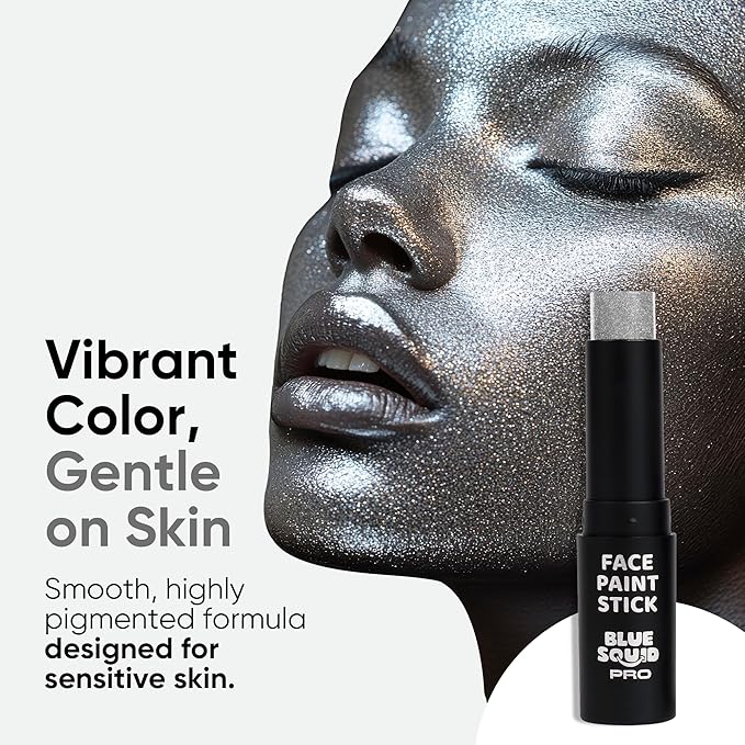 Blue Squid PRO Metallic Silver Face Paint Stick - Waterproof Silver Body Paint Adults & Kids Eye Black Baseball, Eyeblack Softball -Hypoallergenic Twist-Up Non-Toxic Makeup Stick Cosplay, Sports & SFX