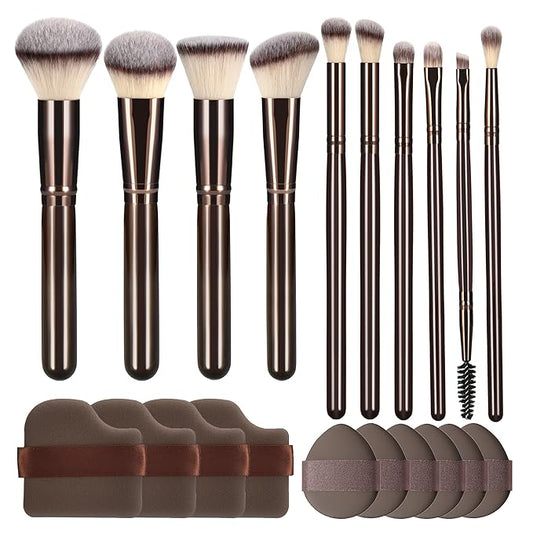 10 Piece Black brown Makeup Brushes and 10 Piece Makeup Sponge – Wooden Handle,with Soft Synthetic Bristles,|Professional Makeup Brushes set for Women & Girls|