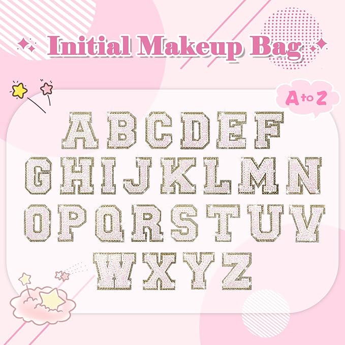 Small Initial Patch Makeup Bag Personalized Gifts Make Up Bag,White Cute PU Leather Glitter Letter Cosmetic Bag with Zipper,Trendy Portable Travel Toiletry Pouch,Preppy Stuff for Teen Girls Women A