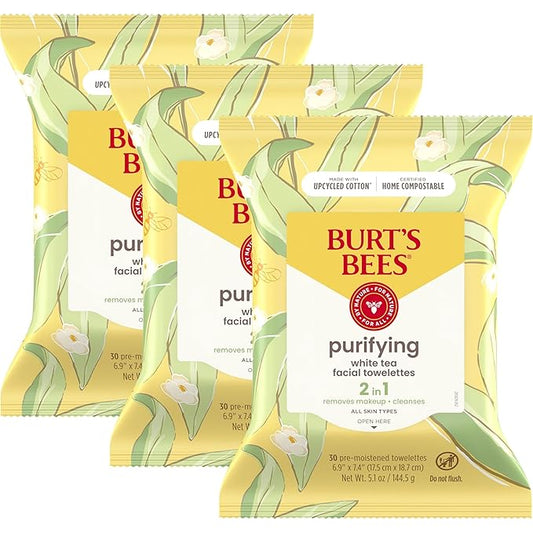 Burt's Bees White Tea Face Wipes, for All Skin Types, Hydrating Makeup Remover & Facial Cleansing Towelettes, 30 Ct. (3-Pack)