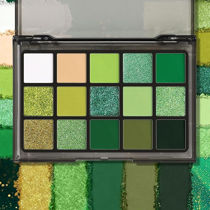 UCANBE Green Eyeshadow Makeup Palette, 15 Colors Bright Dark Green Shimmer Matte Metallic Glitter Eye Shadow, Forest Emerald Lime Pallet Kit for Cosplay Parties Christmas Halloween SFX
