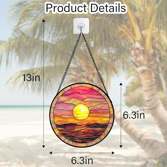 Stained Glass Window Hanging, Sunrise Sea Surface Sun Catchers Diamond Glass Panel Hangings Abstract Suncatcher Decor for Birthday for Women, Men, Wife, Aunt, and Mom 6.3 in
