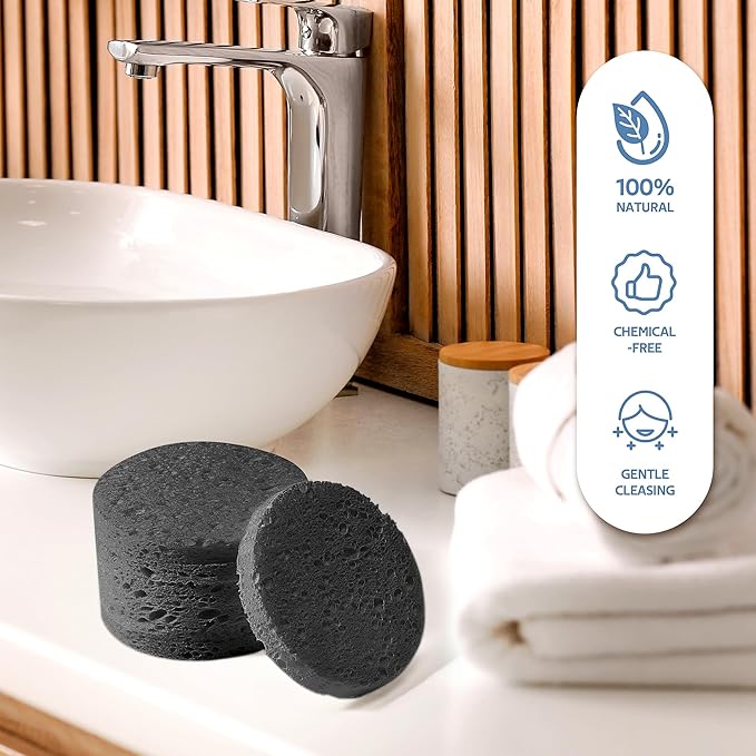 50-Count Black Compressed Facial Sponges for Daily Facial Cleansing and Exfoliating, 100％ Natural Cosmetic Spa Sponges for Makeup Remover, Reusable