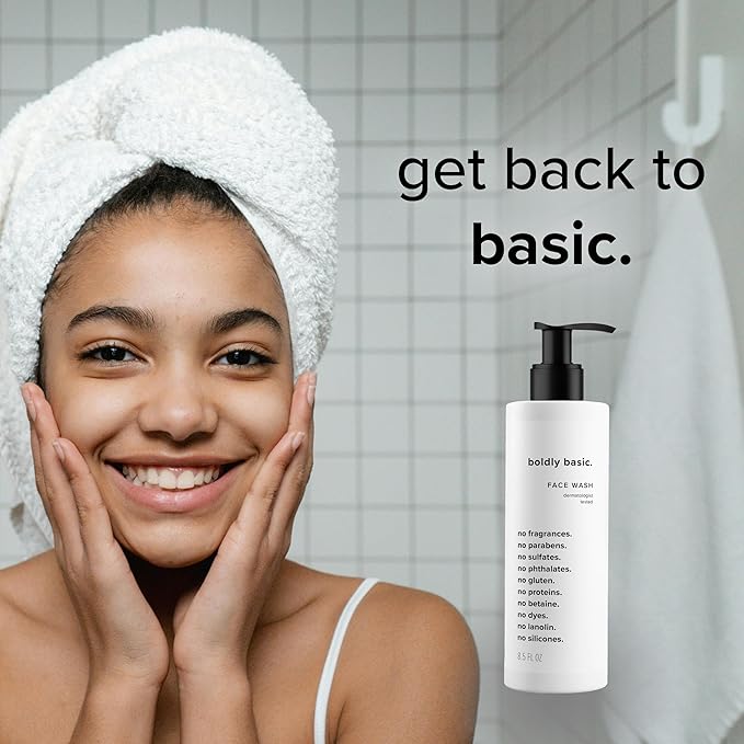 Boldly Basic Fragrance Free Face Wash - Gentle Facial Cleanser on Sensitive Skin - Unscented - Dermatologist Tested - No Sulfates, Parabens or Gluten - Non Comedogenic and Hypoallergenic