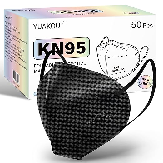 YUAKOU KN95 Protective Face Masks 50pcs, Breathable Comfortable, Disposable Individually Wrapped,5-Ply Protection KN95 Adults Mask Black