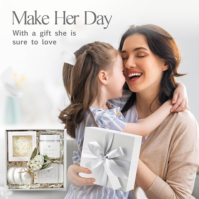 Sweet Coconut Spa Gift Set for Women – Relaxation Gift Basket with Candle, Soap, Salt Scrub & Shower Steamers – Unique Birthday, Bridal Shower, Thank You & Self Care Gifts