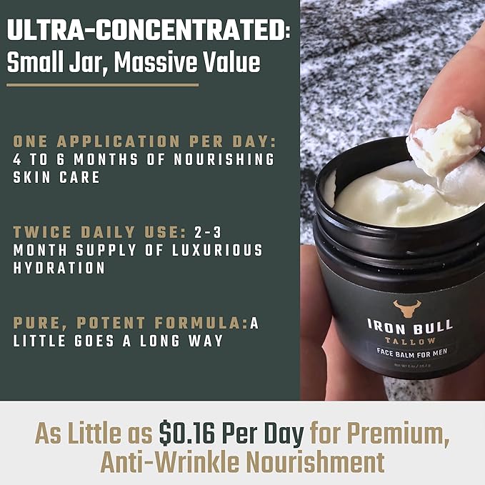 Iron Bull Beef Tallow Face Moisturizer for Men. Anti-Aging With Hyaluronic Acid for Wrinkles. Grass-Fed Beef Tallow Skin Balm & Jojoba Oil for All Skin Types. Natural Formula With a Clean Scent - 2 oz