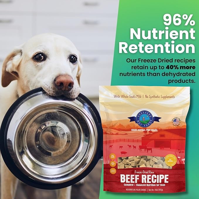 Freeze Dried Raw Dog Food, All Natural, No Synthetics, Made in USA with Goat's Milk & Organic Produce, High Protein, Complete Meal (14oz, Beef)