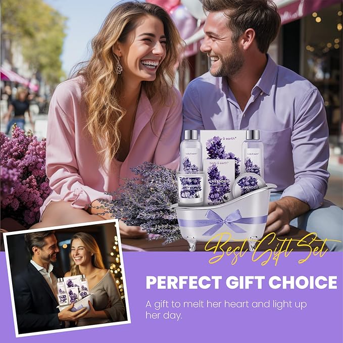Gift Set for Women Body & Earth Gifts Set Lavender Gift Baskets For Women Bath Sets with Bubble Bath Body Lotion Scented Candle Christmas Gifts