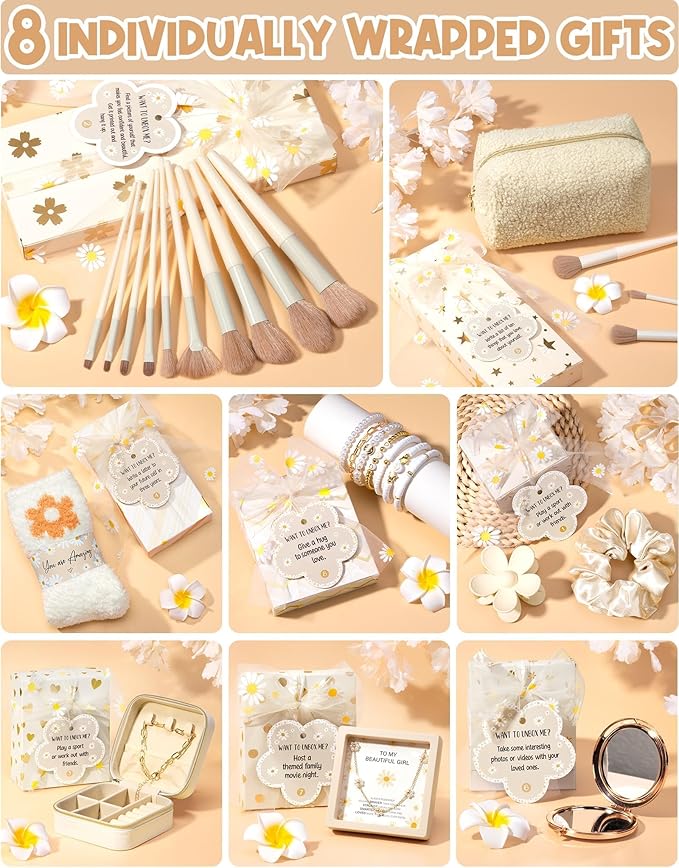 Birthday Gifts for Tween Teen Girls - 8 PCS Gifts Basket Teen Girl Gifts Trendy Stuff Girls Fun Empower Gift Box w/Task Tags Make up Brushes Makeup Bag, Graduation Gifts Idea for Her Niece Daughter