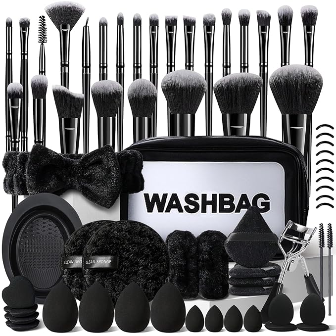 56Pcs Black Makeup Brushes Set Professional with Case Premium Synthetic for Foundation Concealer Blush Eyeshadow Powder Contour Makeup Brush Kit Face Eye Make up Brushes & Tools
