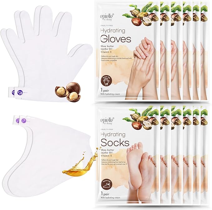 Epielle Hydrating Hand & Foot Masks 12 Pairs, Deep Moisturizing Socks & Gloves, Soften Dry Hands & Cracked Heels with Shea Butter & Jojoba Oil, Korean Skin Care, Foot Spa, Self Care Gifts for Women