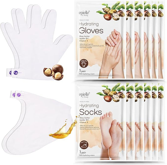 Epielle Hydrating Hand & Foot Masks 12 Pairs, Deep Moisturizing Socks & Gloves, Soften Dry Hands & Cracked Heels with Shea Butter & Jojoba Oil, Korean Skin Care, Foot Spa, Self Care Gifts for Women