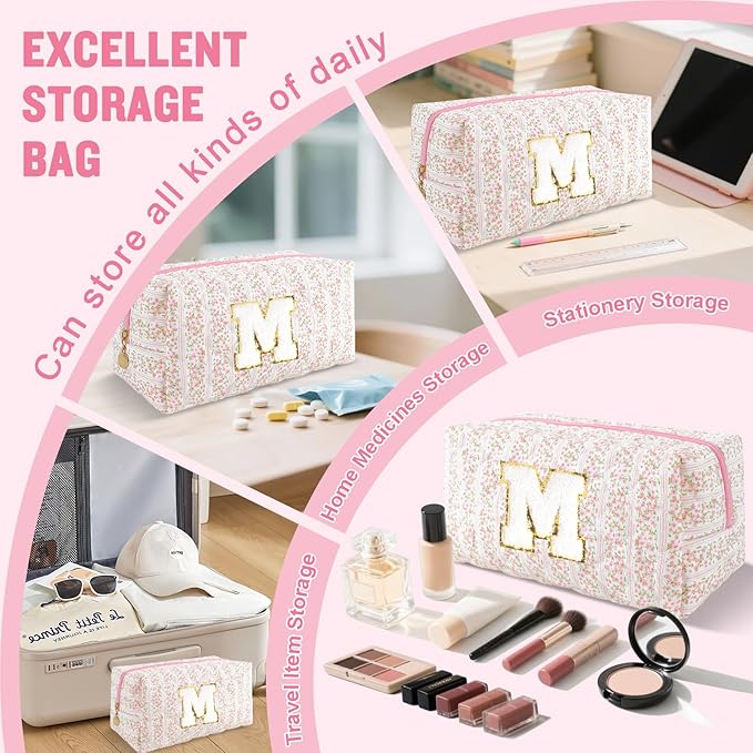 Personalized Quilted Cosmetic Bag, Puffy Monogrammed Christmas Birthday Gifts for Women & Girls, Cute initial Floral Makeup Bag Puffer Coquette Bag, Aesthetic Travel Toiletry Zipper Pouch(Pink,M)