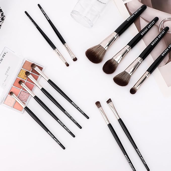 BRUSH ARTIST 12 PCs Black Silver Makeup Brush Set with Cotton Bag, Foundation Sponge, Face Powder Brush, Contour Brush, Blush Brush, Eyeshadow Brush, Eyebrow Brush, Concealer Brush