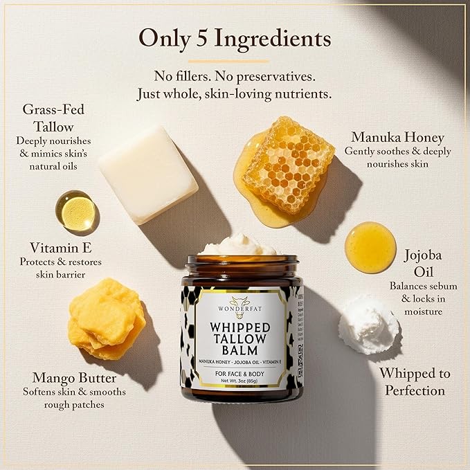 Whipped Tallow and Honey Balm for Face - Unscented Grass Fed Beef Tallow for Skin, Moisturizer Cream with Manuka Honey, Jojoba Oil, Mango Butter & Vitamin E - For Dry Skin & Body - 3 oz
