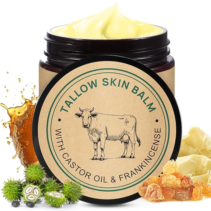 Handmade Tallow, Organic Castor Oil, and Frankincense Oil Face Balm, 100% Grass-Fed Tallow for Skin Care, Face & Body Moisturizer for Sensitive Skin & Dry Skin Age Defying, Natural Lotion