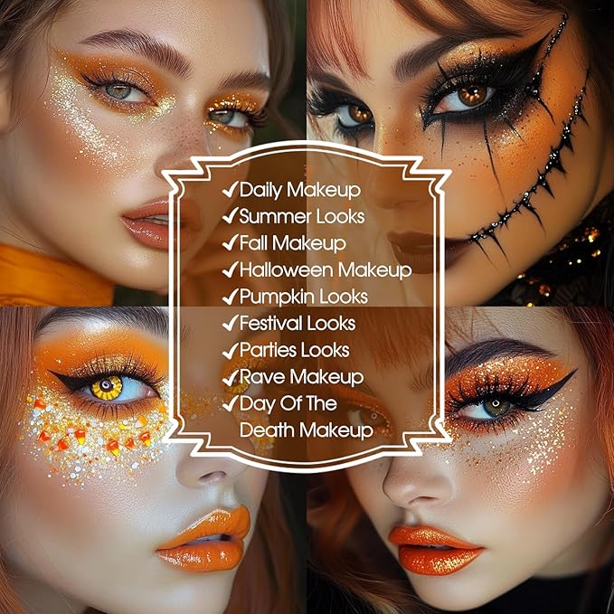 BOBISUKA Makeup Eyeshadow + Matte Lipstick Set, 6 Colors Orange Brown Warm Sunset Shimmer Matte Metallic Fall Eye Shadow Pallet with Orange Liquid Lipstick Makeup Kit for Halloween, Scary Pumpkin
