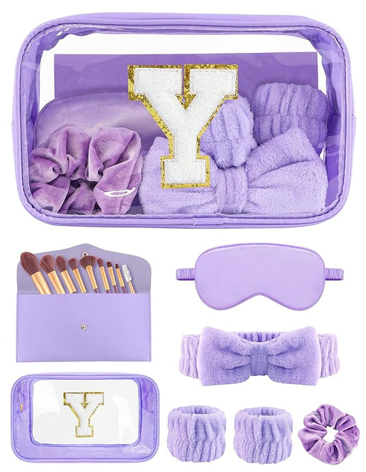 Gift Sets for Women, Initial Makeup Bag with Makeup Brush Set Bachelorette Party Favors, Purple Spa Kit with Skincare Headbands Wrist Bands Sleepover Party Supplies Gifts for Teen Girls Bridesmaid Y
