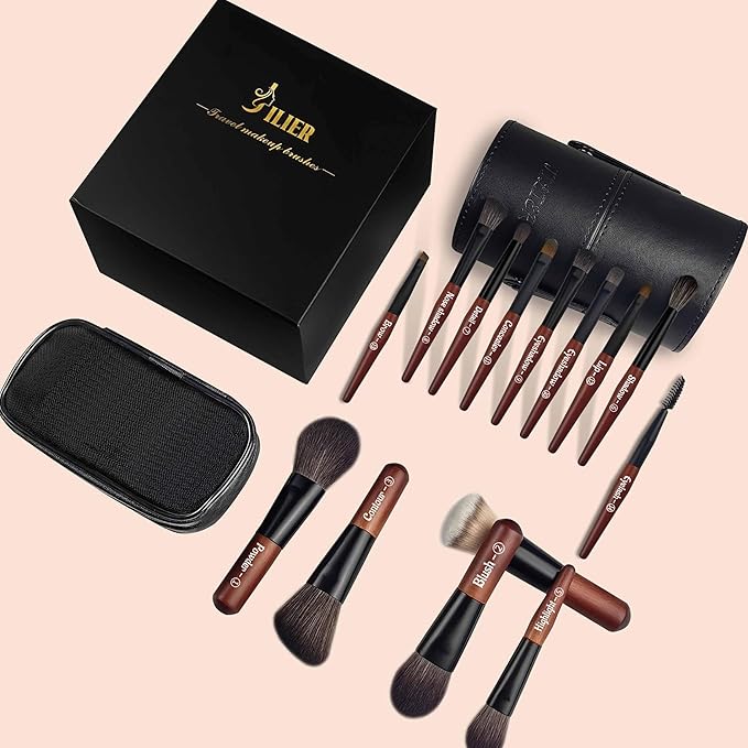 Jilier Travel Makeup Brush Set, 14 pcs Mini Makeup Brushes for Foundation, Powder, Eyeshadow, Highlight, Contour, Blush & Concealer, Small Makeup Brush Set Purse Size with Case