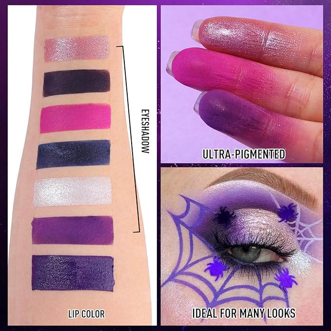 BOBISUKA Eyeshadow Makeup Palette + Matte Lipstick Kit, 6 Colors Purple Blue Pink Shimmer Matte Eye Shadow Pallet with Purple Liquid Lipgloss Set for Halloween, Costume, Cosplay, Witch, Ursula Makeup