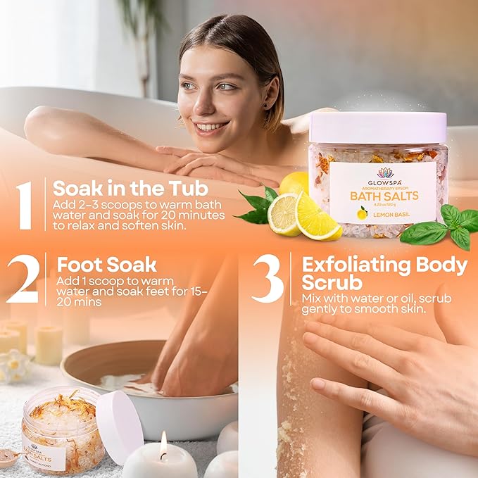 Bath Salts Gift Set for Women – Pack of 6 Scents: Lavender, Rose, Chamomile, Eucalyptus, Coconut, Orange – Epsom Salt Gift Set, Bath Crystals for Women Relaxing, Self Care Gift for Mom