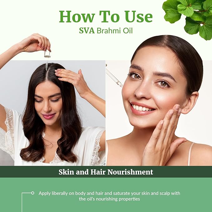 SVA Brahmi Oil - 4 Fl Oz – 100% Natural Cold Pressed Brahmi Oil - for Face, Skin Care, Hair Care, Scalp Massage & Body Massage – Carrier Oil with Dropper