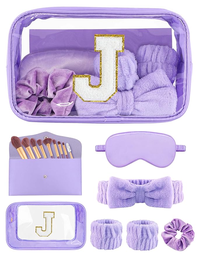 Gift Sets for Women, Initial Makeup Bag with Makeup Brush Set Bachelorette Party Favors, Purple Spa Kit with Skincare Headbands Wrist Bands Sleepover Party Supplies Gifts for Teen Girls Bridesmaid J