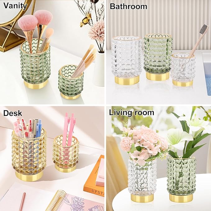 DASITON Makeup Brush Holder Organizer, Crystal Cosmetic Make Up Brush Holder, Glass Makeup Brushes Storage Organizer, Vintage Make Up Cup Desk Pen Pencil Holder, Toothbrush Holders (Clear S)