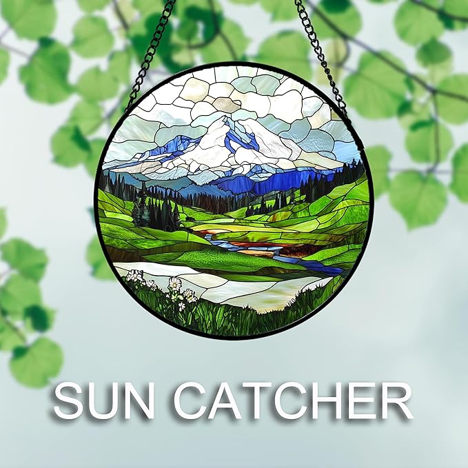 Stained Glass Window Hanging 4 Pcs Set Mountains Lake Green White Landscape 9.8" - Suncatcher Door Garden Sun Catcher Decor Birthday Christmas for Mom Woman Nana Men