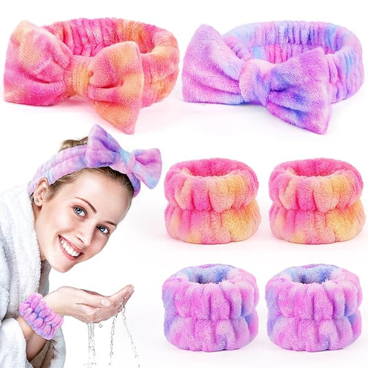 Spa Headbands for Women with Wristband Set: Facial Makeup Headbands for Girls & Teens - Soft Coral Fleece Elastic Hair Wraps with Wrist Accessories for Washing Face Shower Bath Beauty Skincare Gifts