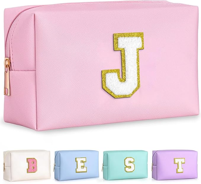TOPEAST Birthday Gifts for Girls, Travel Makeup Bag Chenille Letter Pouch Cosmetic Bag, Makeup Travel Organizer, Monogrammed Bridesmaid Gifts for Women, Cute Stuff for Girls (Pink J)