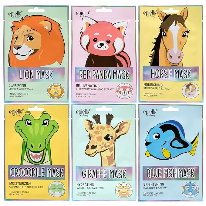 Epielle Animal Character Sheet Masks 6 Pack, Moisturizing & Hydrating Face Mask with Hyaluronic Acid & Fruit Extract, Korean Skin Care, Girls Spa Party Favors, Sleepover, Self Care Gifts for Women