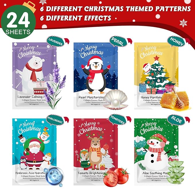 24 Pack Christmas Facial Masks for Stocking Stuffers, Hydrating Sheet Face Masks Skincare, Bulk Facial Masks Set for Women Skin Care, Christmas Gifts for Women