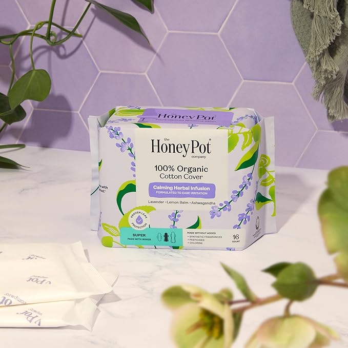 Honey Pot 100% Organic Cotton Cover Calming Herbal Infusion Super Pads, 16 Count
