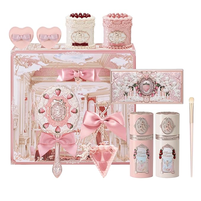 Flower Knows Strawberry Cupid 12 Pack Makeup Gift Box Set,Lip Cream×2+Liquid Blush×2+Makeup Palette×1+Hand Mirror×1+Solid Perfume×1+Hair Clip×1+Cushion Powder Puff×2+Eyeshadow Brush×1+Gift Box×1