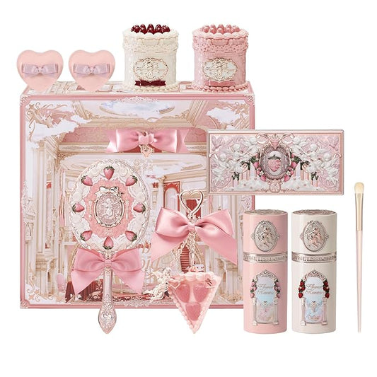 Flower Knows Strawberry Cupid 12 Pack Makeup Gift Box Set,Lip Cream×2+Liquid Blush×2+Makeup Palette×1+Hand Mirror×1+Solid Perfume×1+Hair Clip×1+Cushion Powder Puff×2+Eyeshadow Brush×1+Gift Box×1
