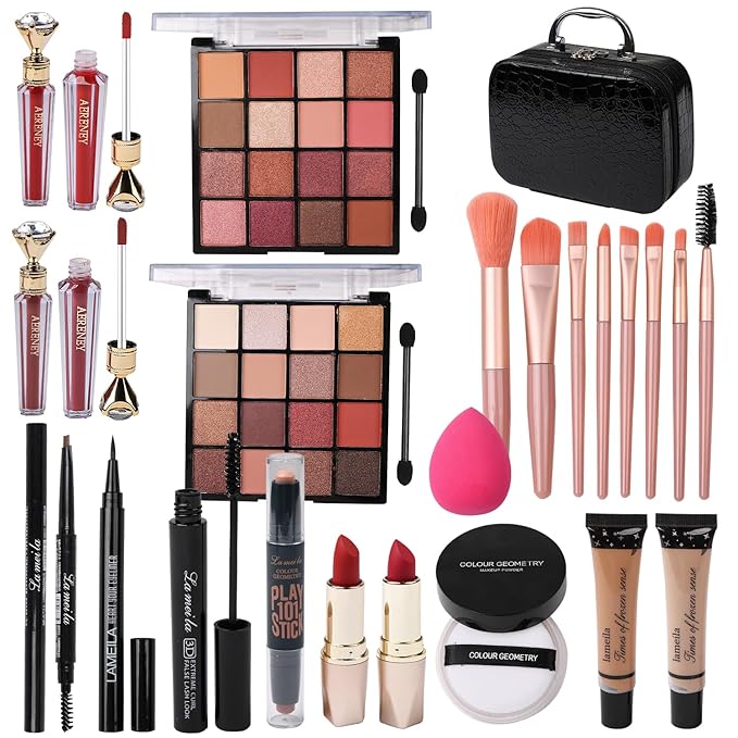 Makeup Kit for Teen Girls, All-in-One Kit with 2X16 Colors Eyeshadow, Liquid Foundation, Eyeliner Pencils, Contouring Stick, Lip Gloss, Eyebrow Pencils & 8 Makeup Brushes (Black)