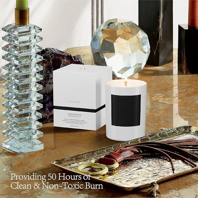 Scented Aromatherapy Candle Lavender Essential Oil All Natural Soy Wax Leather & Tobac Highly Scented Candles for Home Christmas Gifts for Men Anniversary for Him Office Decor Gift Ideas 8.8oz 50hrs