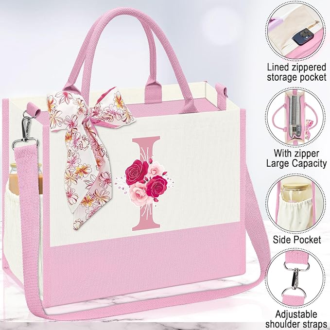 Gifts for Women,Initial Canvas Tote Bag,Personalized Gift for Woman,Monogrammed Gifts for Women,Initial Makeup Bag,Birthday Gift for Mom,present for Niece Sister-I